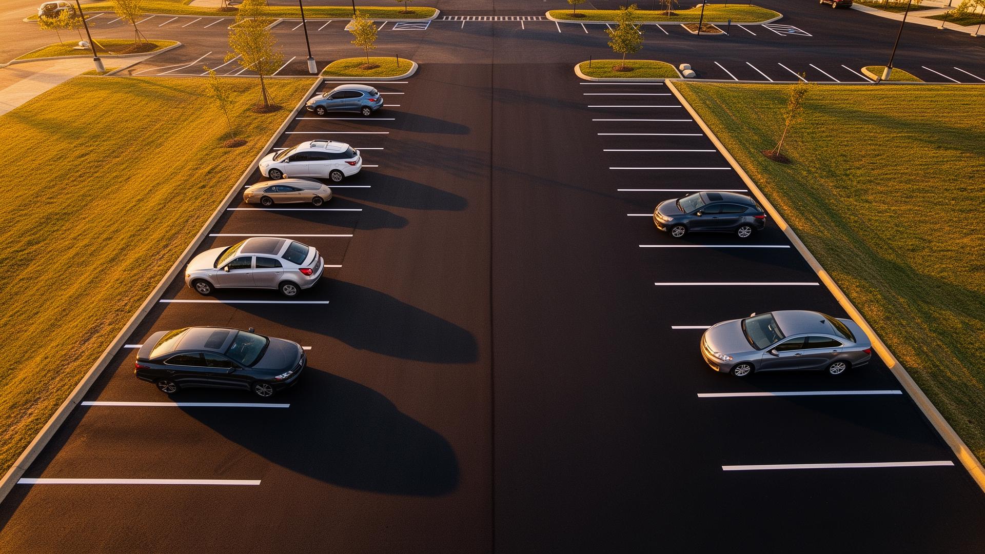 Aerial view of freshly striped commercial parking lot