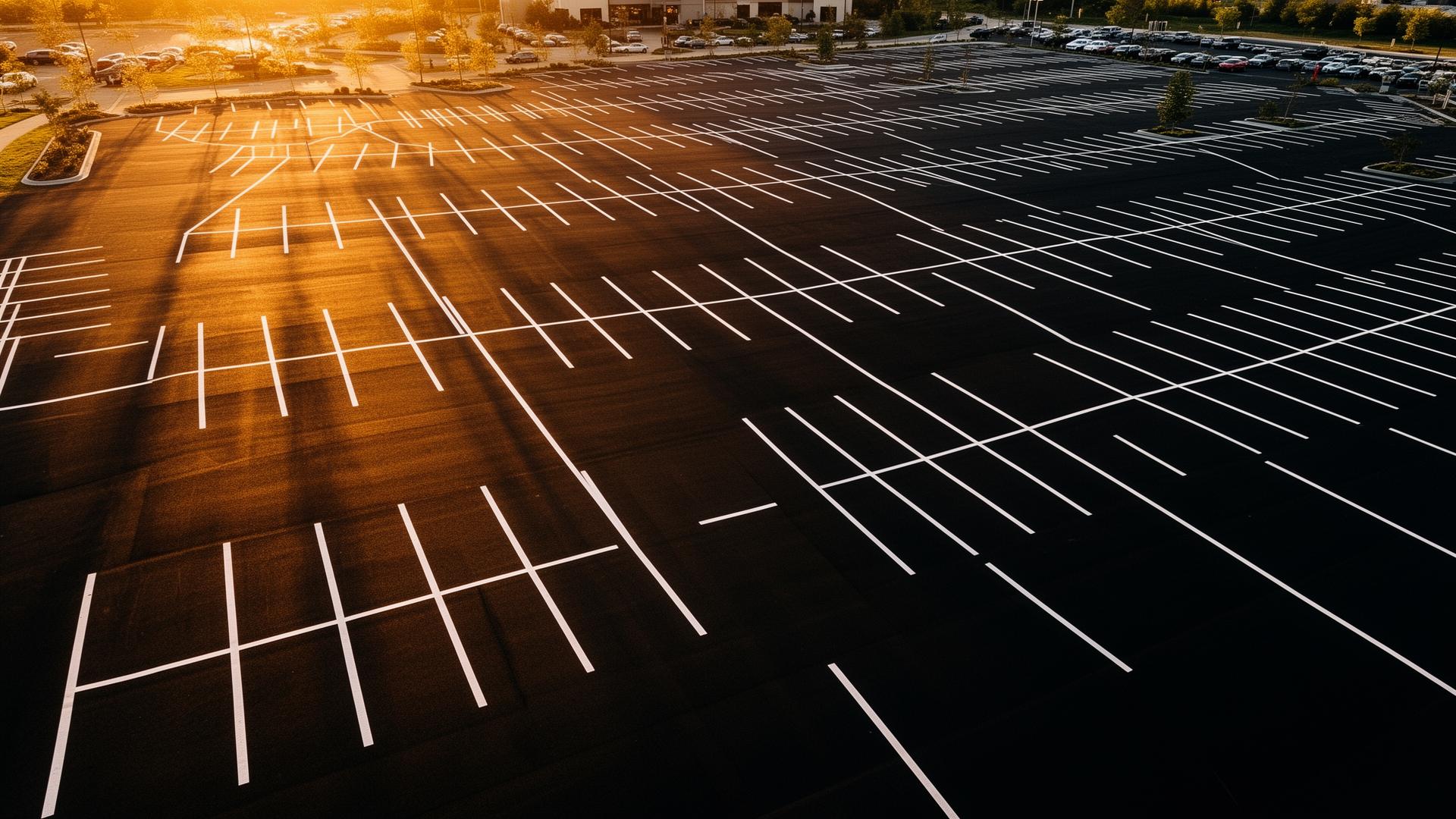 Aerial view of freshly striped commercial parking lot