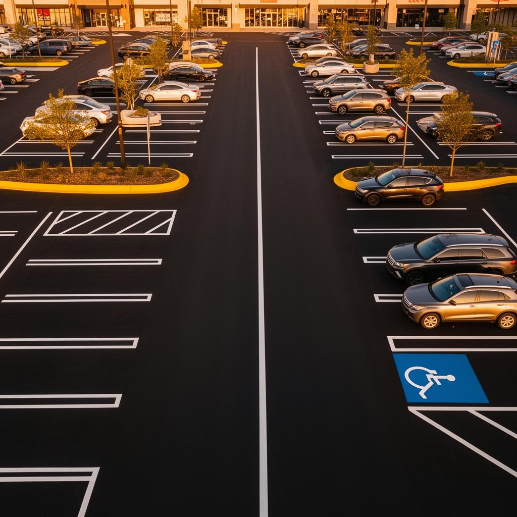 Pristine commercial parking lot with ADA markings and fresh striping
