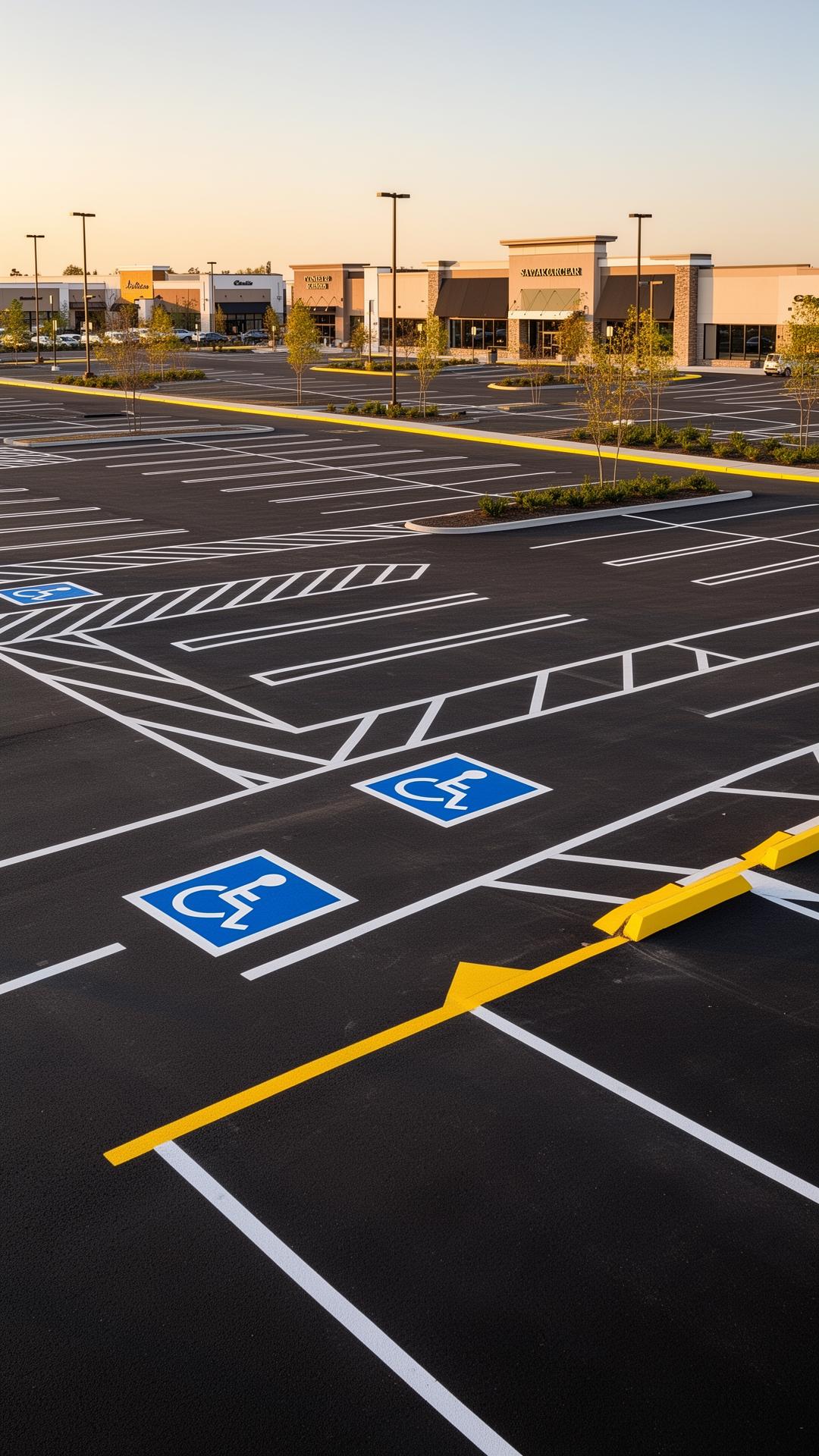 Pristine commercial parking lot with ADA markings and fresh striping